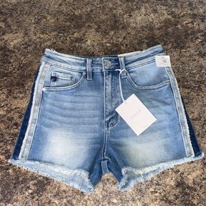 KANCAN Side Stripe High Rise Raw Hem Fringe Blue Denim Jean Shorts Sz M NWT!
